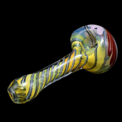Matty White Twisty Front Spoon #7, blue and yellow twisted glass spoon pipe, front view