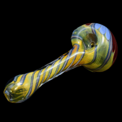 Matty White Twisty Front Spoon #8, yellow and blue twisted glass spoon pipe, front view