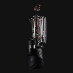 OJ Flame Puffco Peak incycler top in Topaz amber, 7-inch, on the device