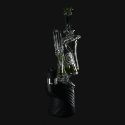 OJ Flame Puffco Peak beaker recycler in Sour Apple green, 8.5-inch, on the device