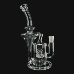 OJ Flame Showerhead Recycler - Black/Cropal, clear glass recycler dab rig, 8.5-inch tall, front view