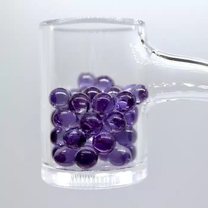 Ruby Pearl Co Purple Sapphire Pearl Set, glass mug filled with purple terp pearls
