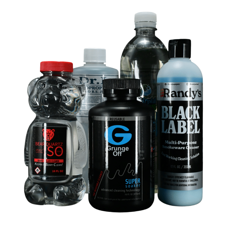 Assorted glass cleaning products including isopropyl and Randy's Black Label