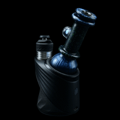 Shaggy Cropal Dry Peak Top #5, teal glass top with blue accent bead, attached to black electric dab rig base
