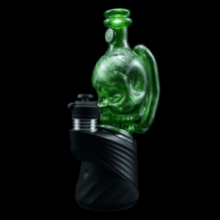 Shaggy Skull Peak Top #3, green skull-shaped glass top attached to a black electric dab rig base, front view