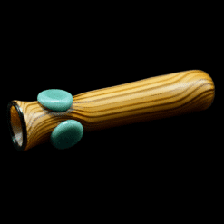 Shaggy Wood Grain Bat #8, amber wood-grain glass one-hitter bat with two teal accent beads