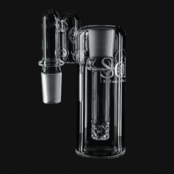 SOL Ash Catcher in clear glass, angled view with the SOL logo