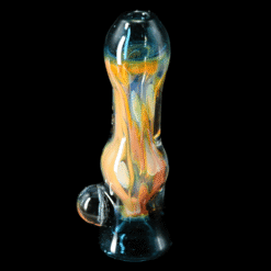 Trippy Meat Chillum #2 in teal and gold, full pipe standing upright