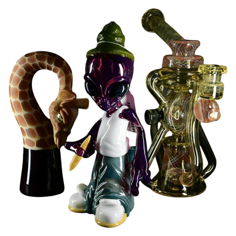 Heady glass dab rigs with alien and snake figural designs