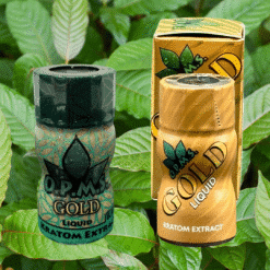 O.P.M.S. Gold kratom extract shot bottles in dark green and gold