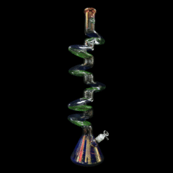 Zong Fat Striped 6 Kink Beaker in Gold Fume/Blue and Green, side view of the zigzag neck