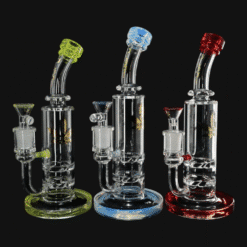 aLeaf Double Turbine Tube bongs shown together in three colors, 10-inch
