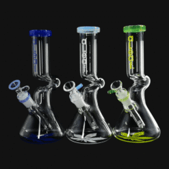 aLeaf Kink Neck Beaker bongs shown together in three colors, 10-inch