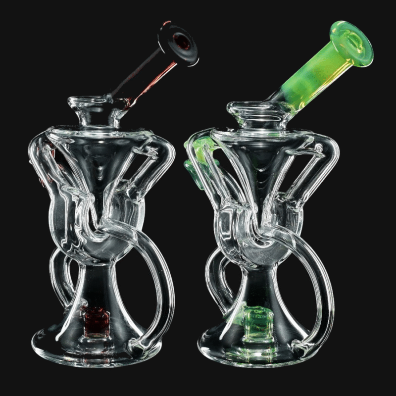 AF Glassworks clear glass recycler dab rigs with black and green accents