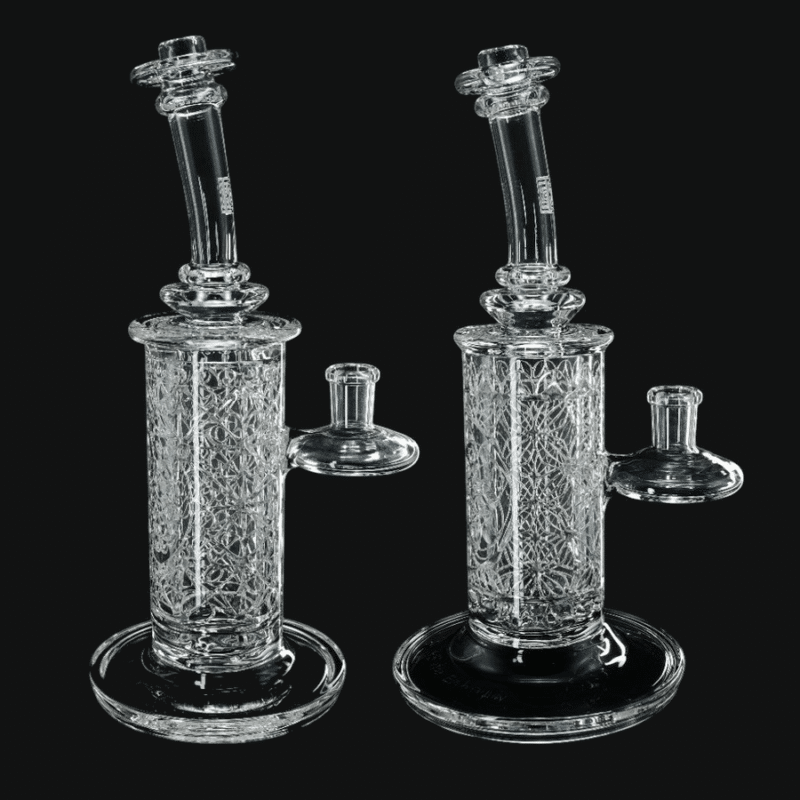 Avant-Garde clear glass showerhead percolator dab rigs, shown as a pair