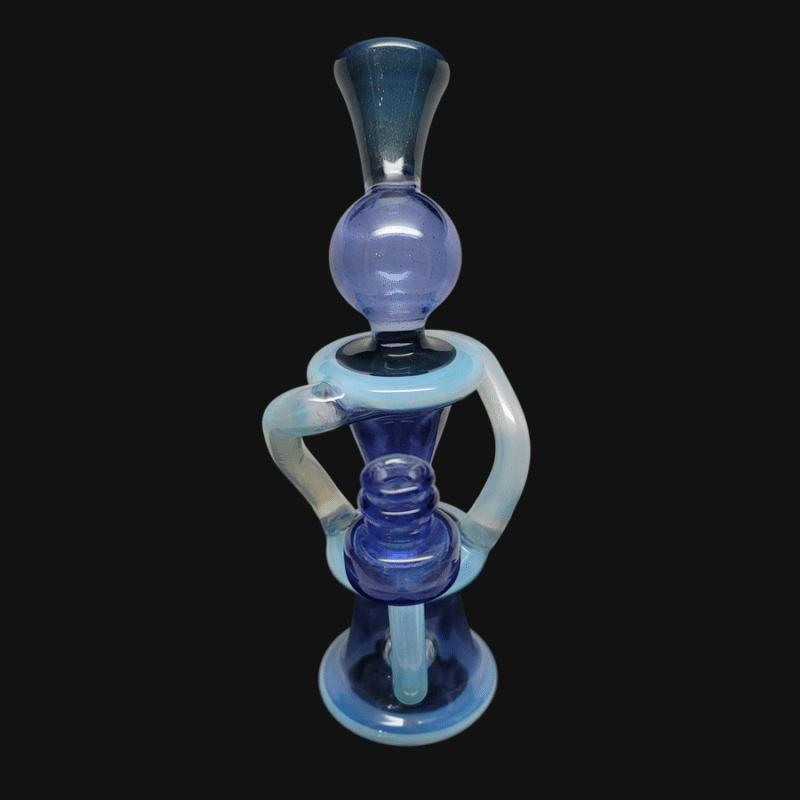 Baked Kreations blue and purple glass rig with a swirled ball accent