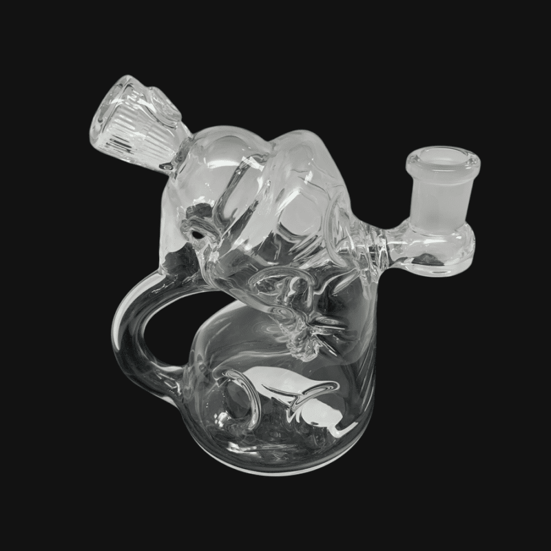 BKG X Skoeet clear glass recycler rig with a curved side handle