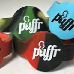 Puffr Save-A-Bowl silicone caps in assorted colors, blue black and red shown