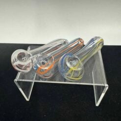 Puffr Glass Peanut Pipes displayed upright on a clear stand, two color options shown