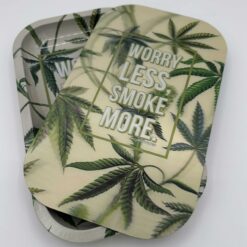 Worry Less Smoke More rolling tray with holographic lid, angled view