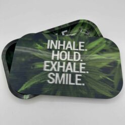 Inhale Exhale rolling tray with holographic lid, angled view