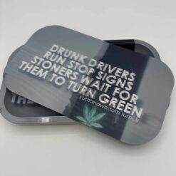 Drunk vs Stoned Driving rolling tray with holographic lid, angled view