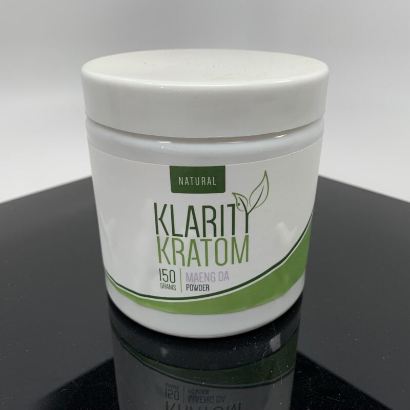 Klarity Kratom Maeng Da powder in a white tub