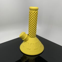 Puff Palz Beaker Buddy silicone chew toy in yellow, beaker shape