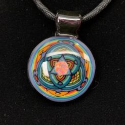 Kai Brown Pendant 08, round glass pendant with a colorful mandala pattern