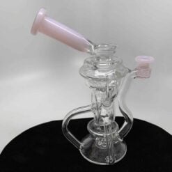 Kadabra Bubble Bhomber, clear glass recycler dab rig with pink accents, front view