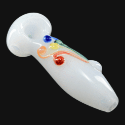 Lyric Small Ornate spoon pipe in white glass with rainbow dot accents