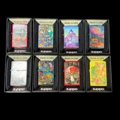 Assortment of eight Zippo lighters in various colorful patterned designs