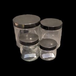 Clear screw-top glass jars shown in four sizes with black lids