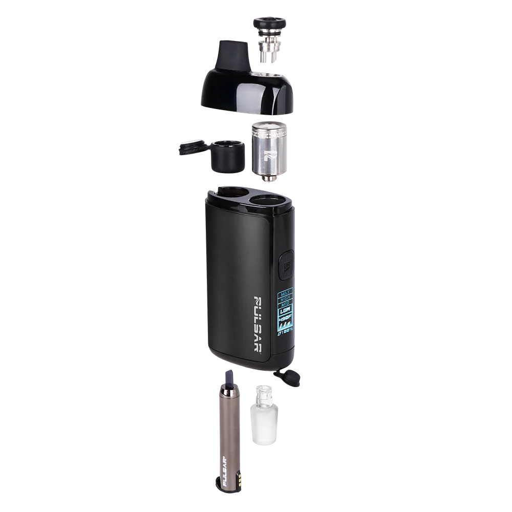 Pulsar Chorus vaporizer in black, exploded view of the parts