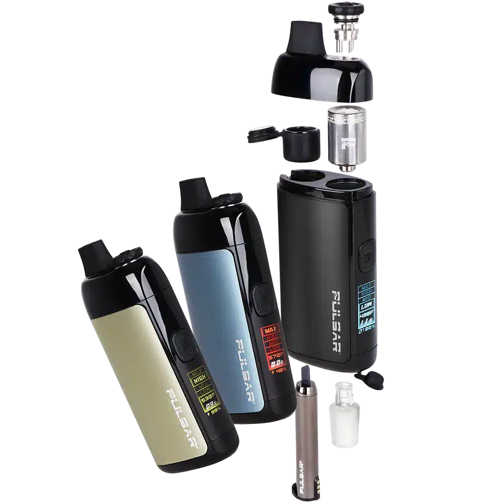 Pulsar Chorus concentrate vaporizer shown in three colors with parts exploded