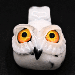 Four Winds Flameworks spotted owl pendant in white with orange eyes