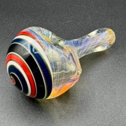CO Blown Color Plate Fume spoon pipe, top-down view of the blue, red and black spiral bowl