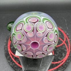 R.L. Dots Dot Stack Spoon pipe with pink and green dot pattern bulb head, on stand
