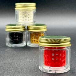 Pearl Jar Washing Station, three glass jars with colored terp pearls inside