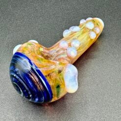 Westie Fumed Window Spoon w/ Dots #2, front view with blue swirl bowl