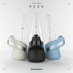 Puffco New Peak vaporizers in white, black and blue, promotional image