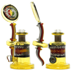 Hedman Headies Worked Full Terps Rig, amber glass rig shown with a matching dab tool, front view